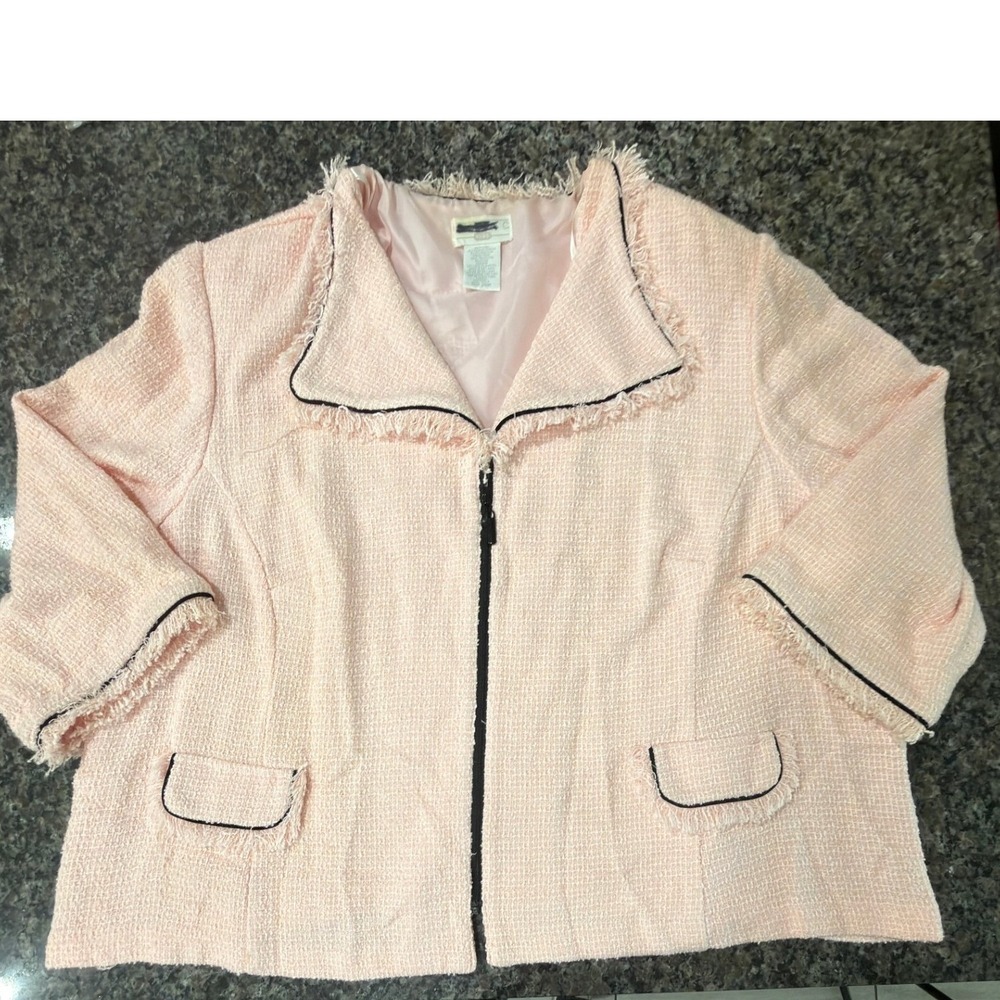 Studio C Plus Pink Tweed Fringe Zip Front Jacket Black Trim Size 26W
